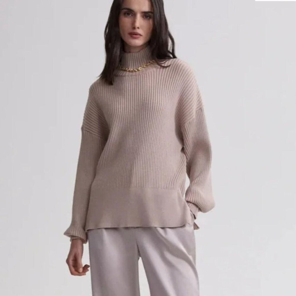 Varley mayfair mock neck knit sweater ribbed pullover beige zipper detail